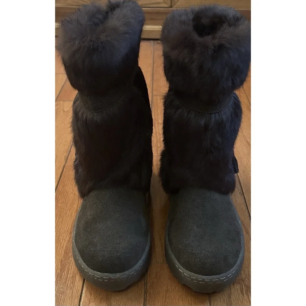 Bearpaw Rabbit Fur Boots, Dark Brown, Size 12